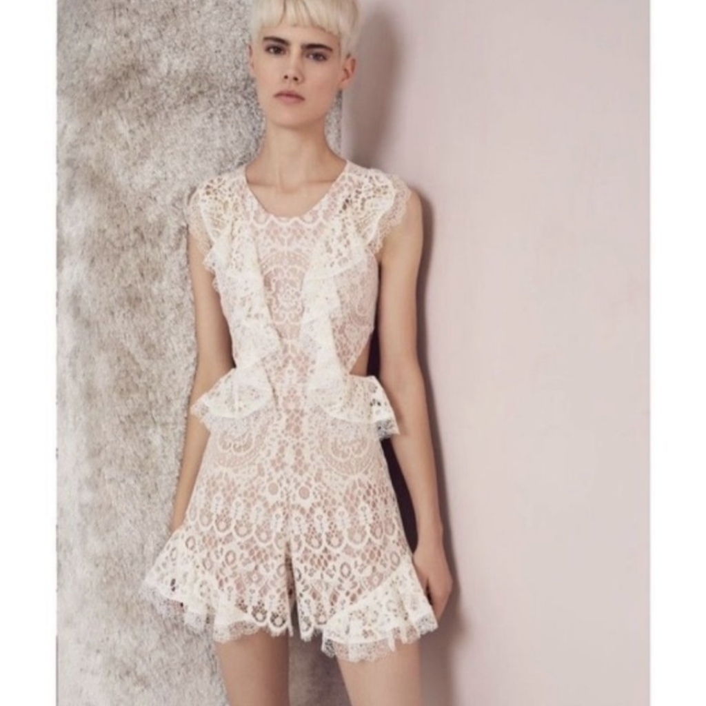 Alexis Ruffle Antique Lace Jumpsuit Dress Romper Xs